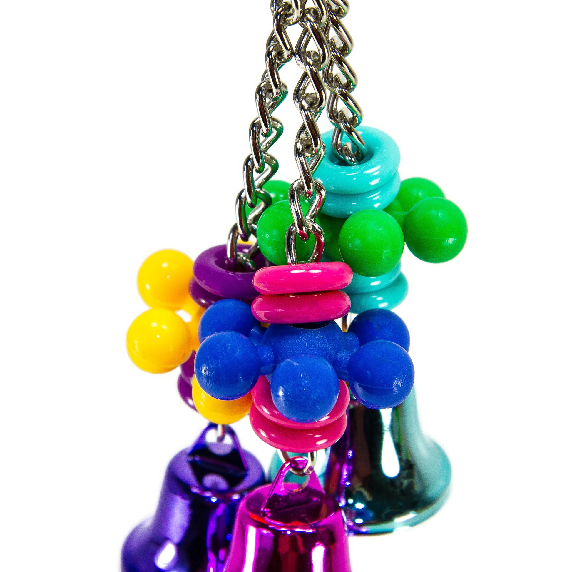 Close up of bird toy showing details of the colorful plastic beads and bells.