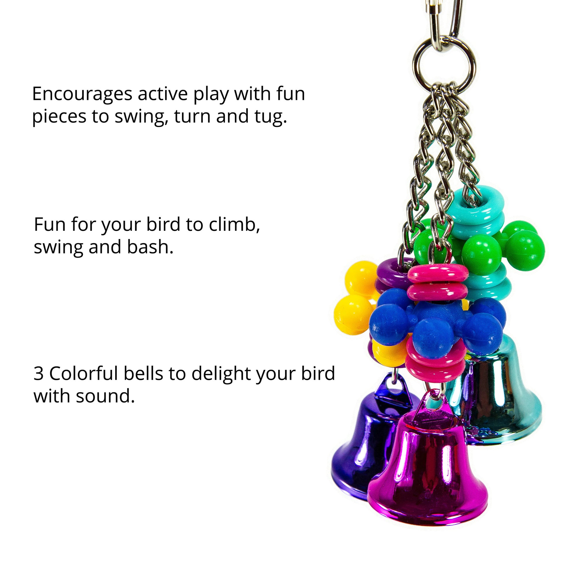 Features shown for this colorful bird toy with bells.