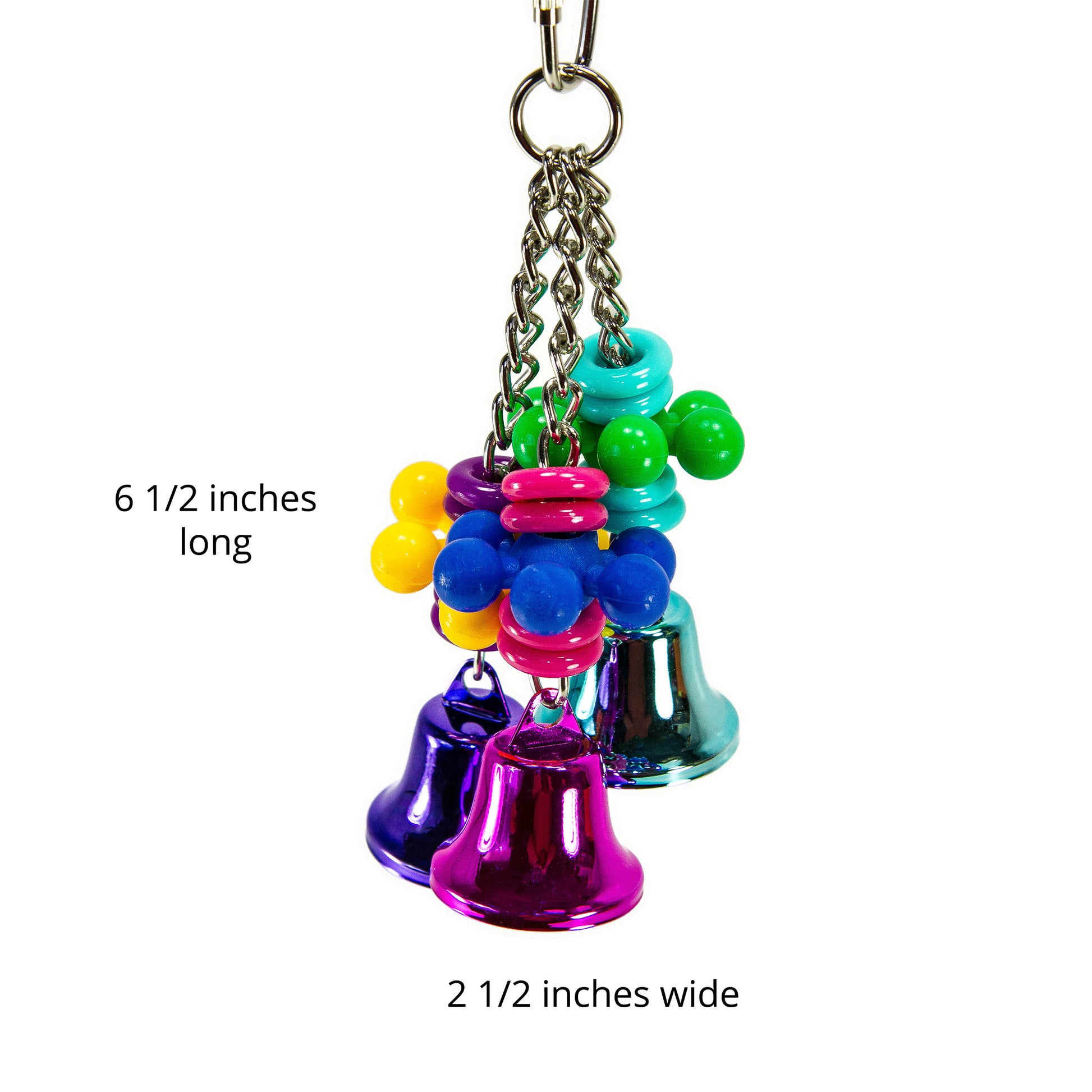 Bird toy shown with size listed, 6.5 inches by 2.5 inches.