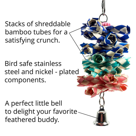 Features include shreddable tubes, bird safe components and a little bell.