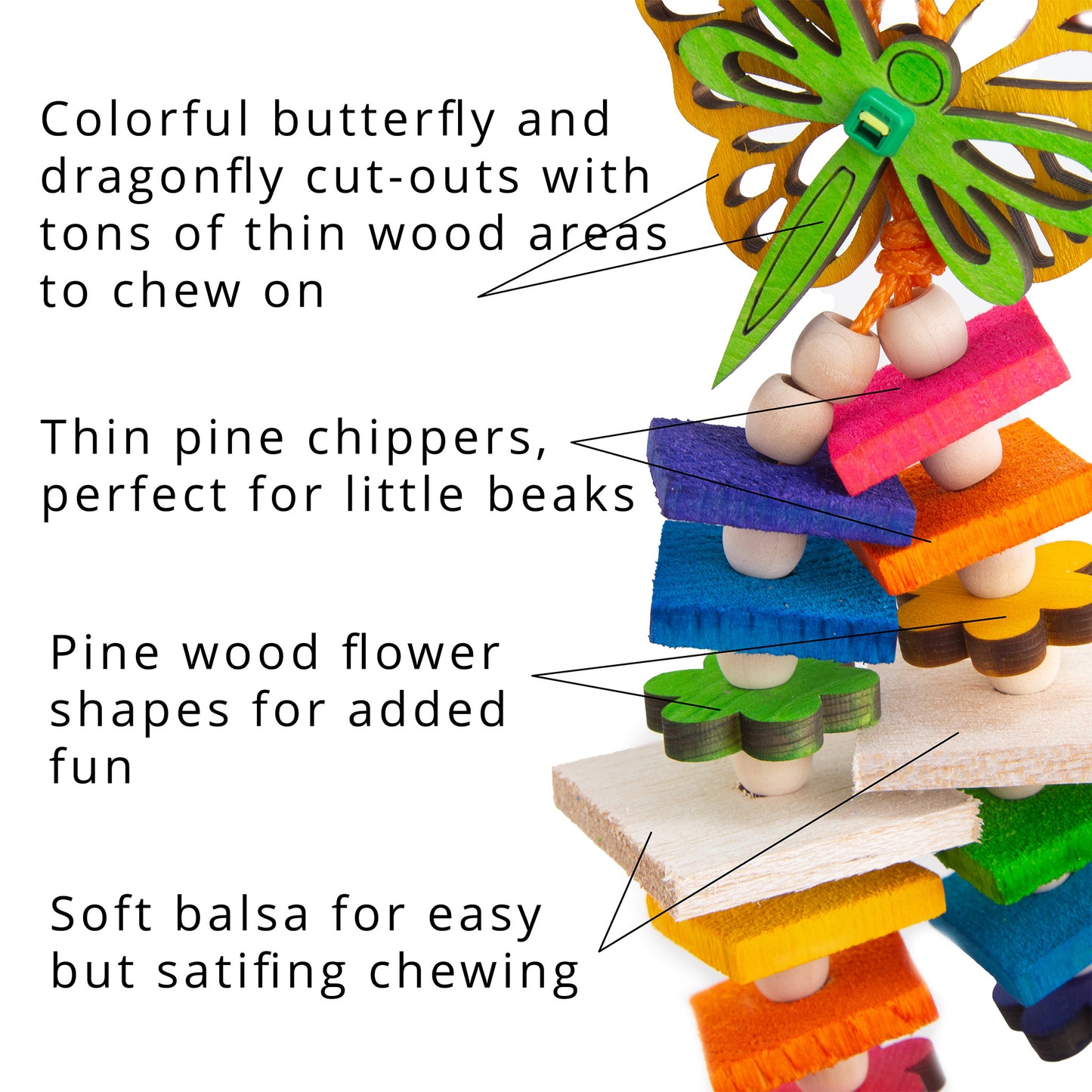 Wooden bird toy with colorful butterfly and dragonfly cut-outs, pine chippers, and soft balsa for chewing.