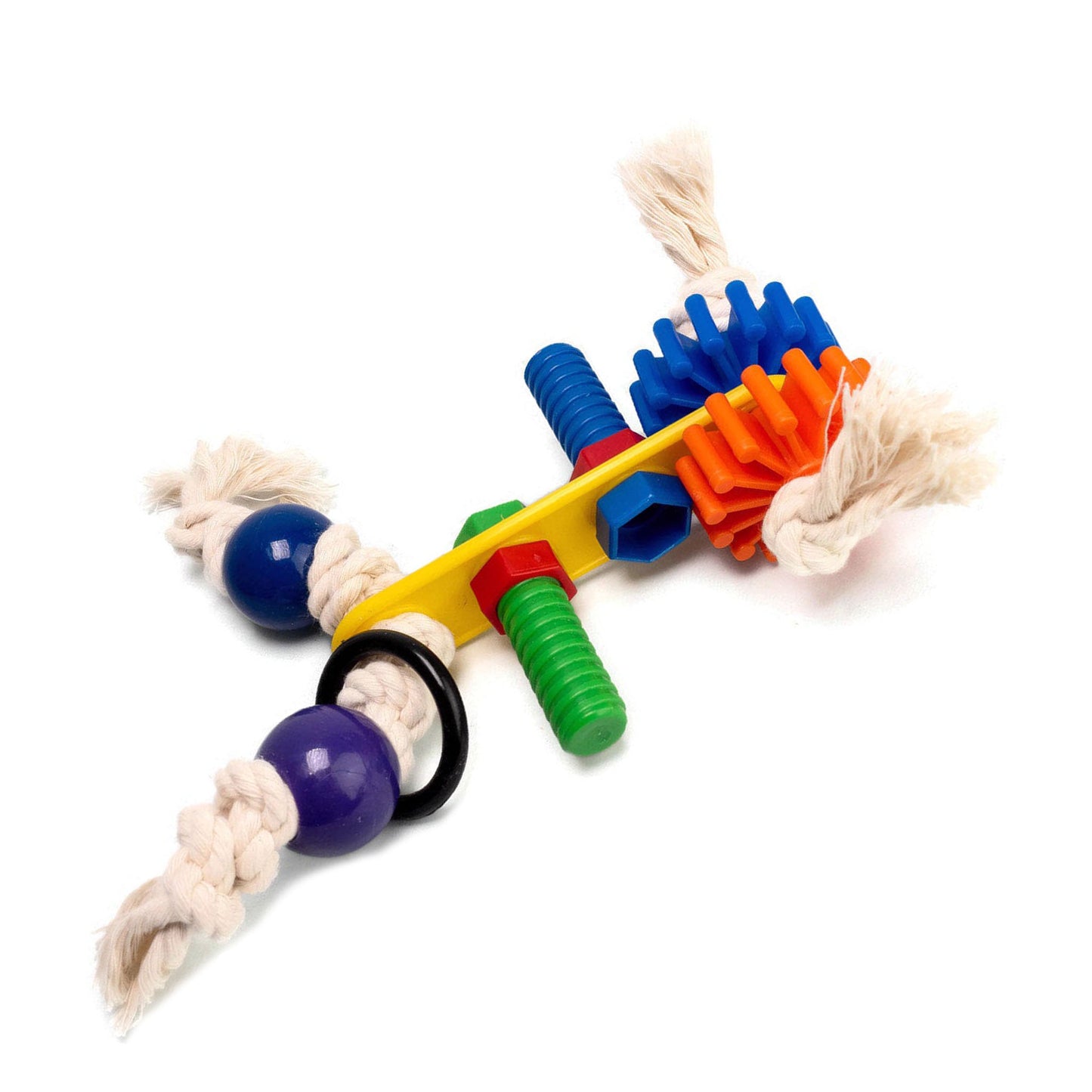 Colorful bird toy nuts and bolts that unscrew.