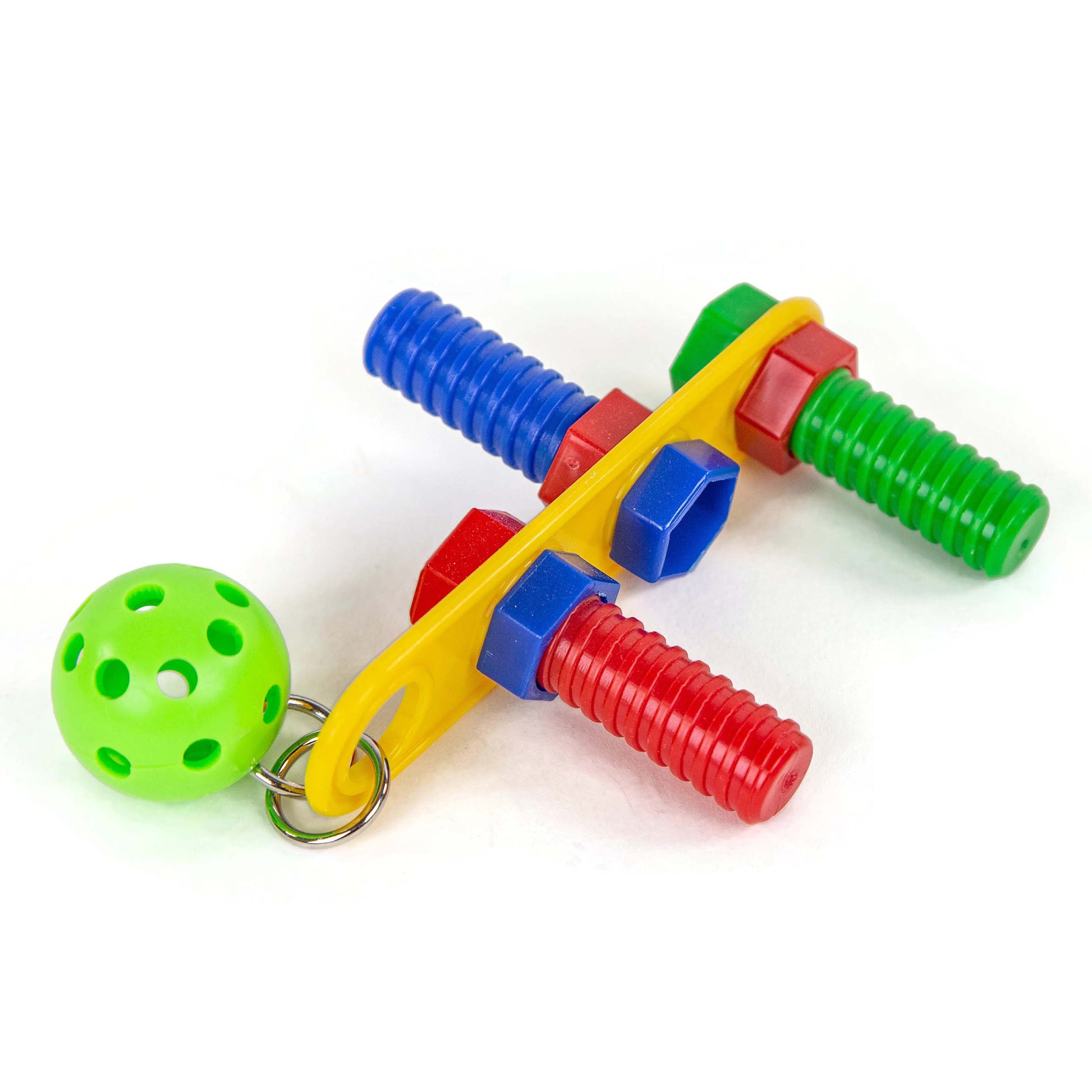 Colorful plastic nuts and bolts that unscrew.