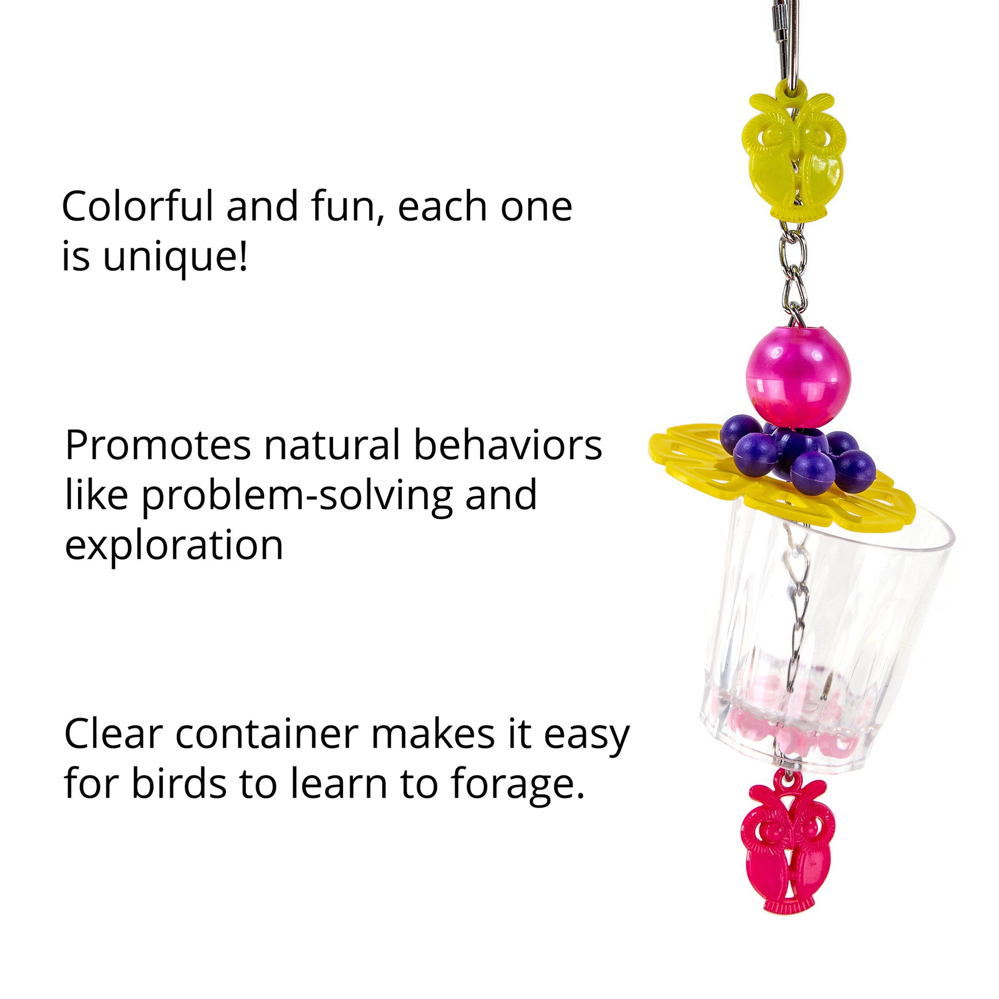Owl themed foraging bird toy with a clear food cup.