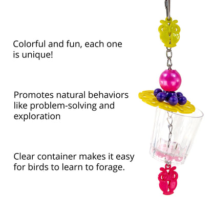 Owl themed foraging bird toy with a clear food cup.