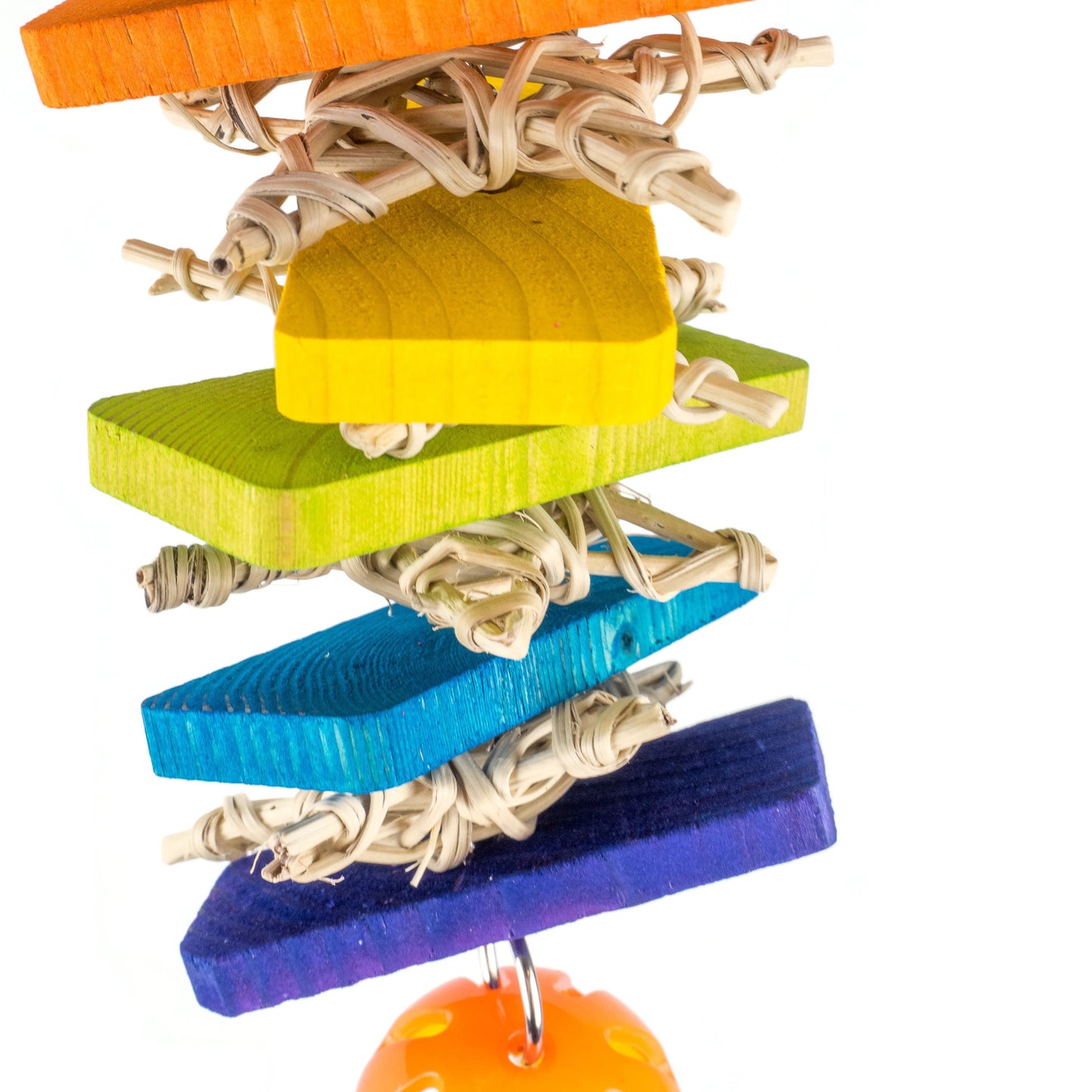 Colorful bird toy with wooden blocks and a hanging perch on a white background