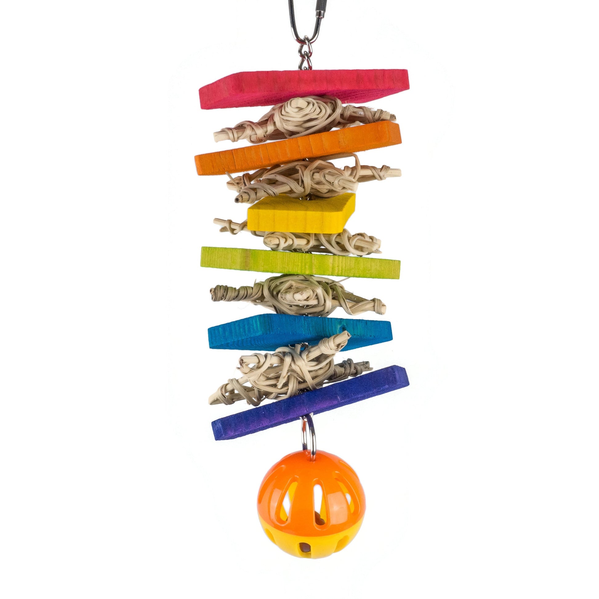 Colorful pet toy with wooden blocks and a bell on a white background