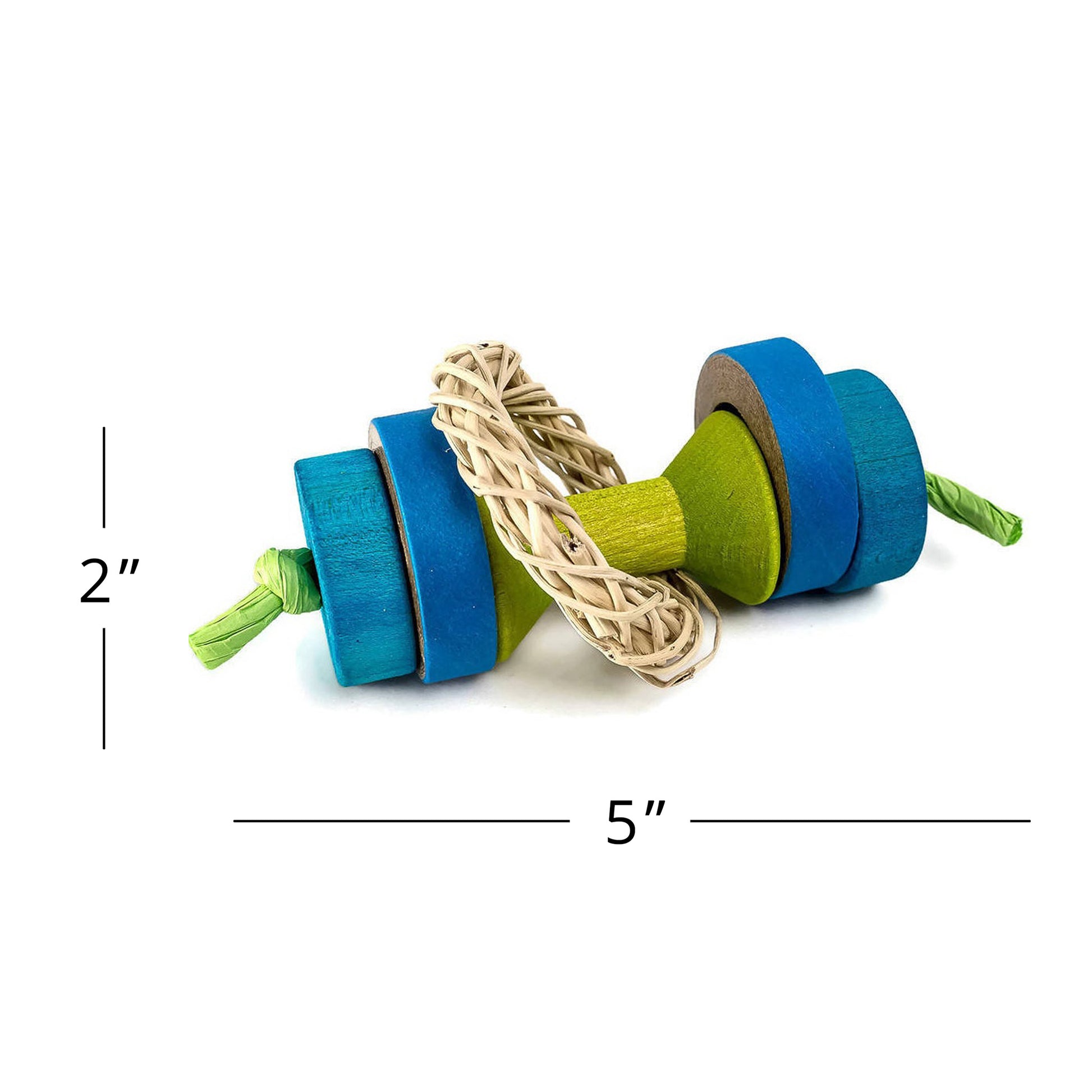 Colorful pet toy with dimensions of 5 inches wide by 2 inches tall
