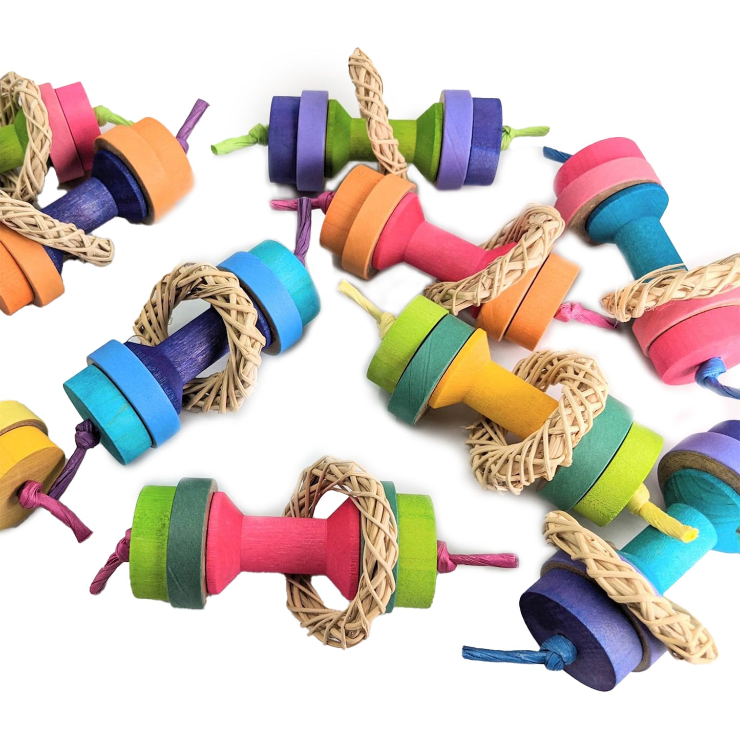Colorful small animal toys with wooden and rattan components on a white background
