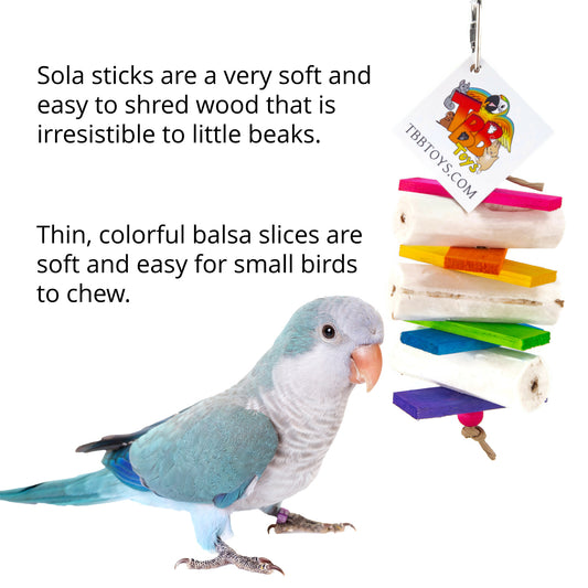 Features of this bird toy include soft materials for easy chewing. The toy is sized perfectly for Quaker parrots and similar sized small birds.