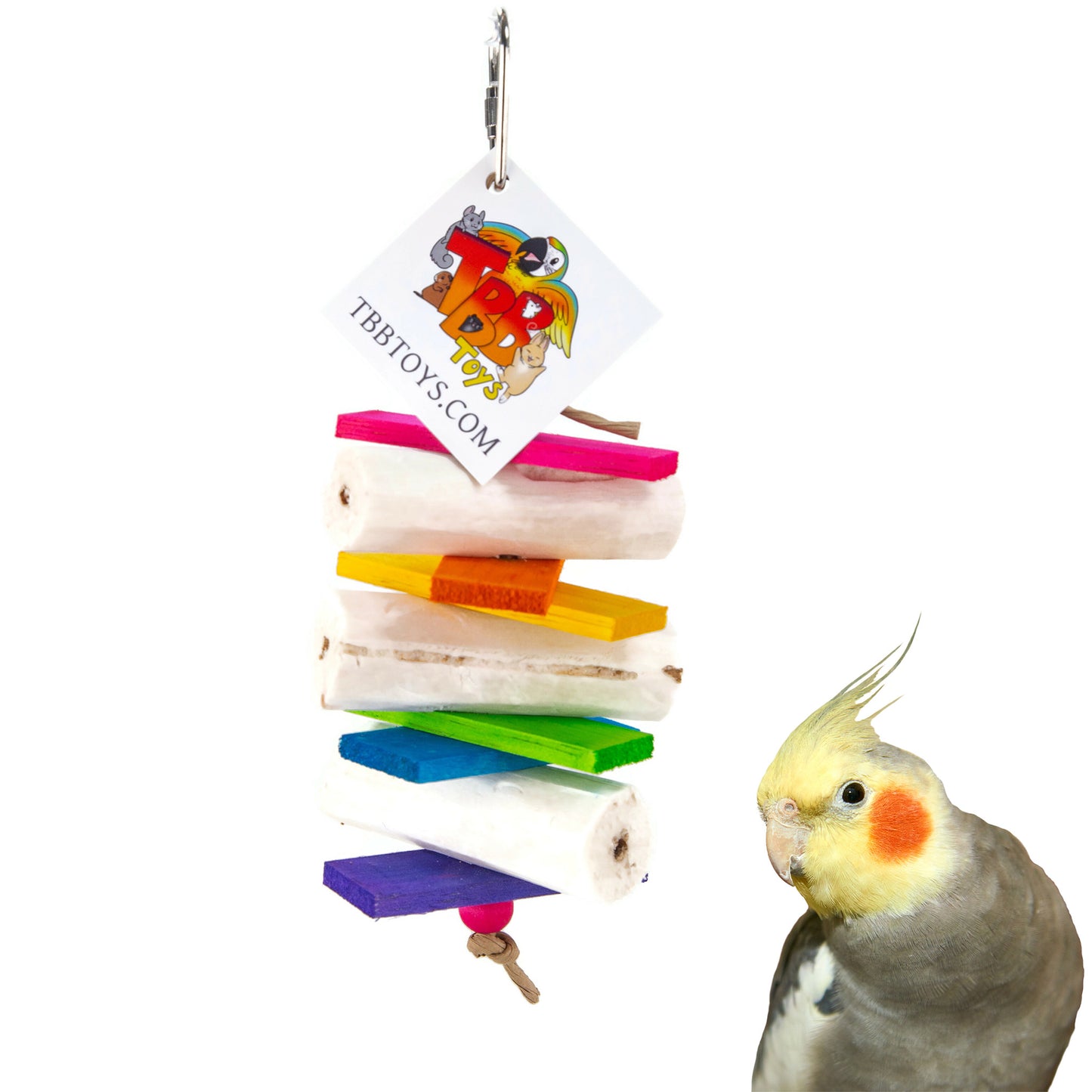 The Softy bird toy is made from natural sola sticks and colorful balsa wood, it is featured here with a cockatiel.