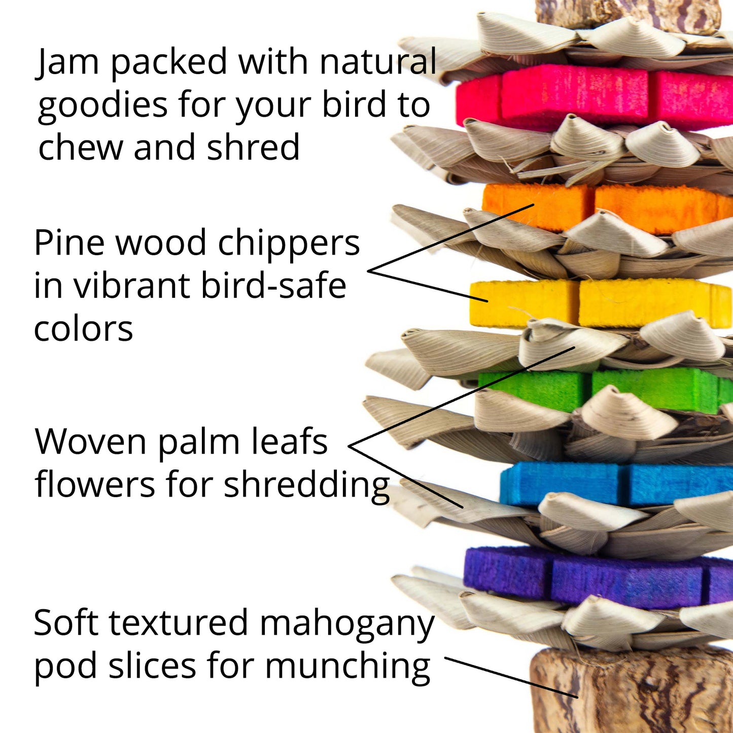 Bird toy with pine wood chippers, woven palm leaves, and mahogany pod slices on a white background.