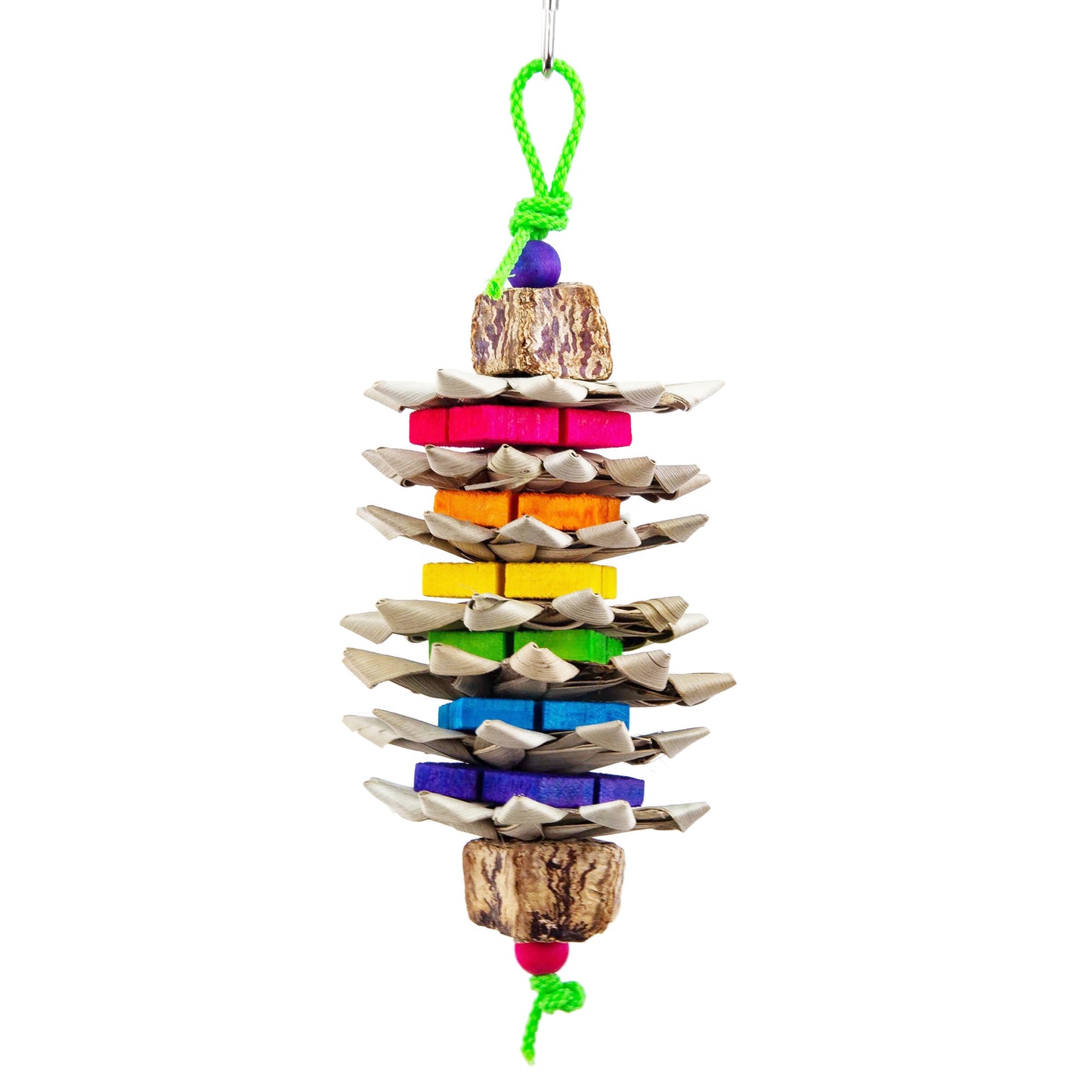 Colorful bird toy with rainbow order thin wood chipper blocks alternating with woven palm flowers. Top and bottom of the toy ends with a mahogany pod slice and a wooden bead.