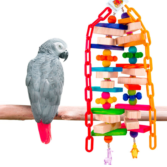 Gray parrot perched on a branch next to a colorful bird toy on a white background