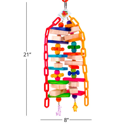 Colorful bird toy with wooden blocks and chains, dimensions of 21" tall by 8" wide shown.