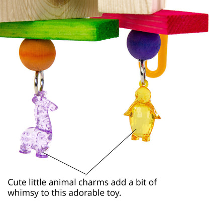 Colorful toy with animal charms attached, featuring a purple giraffe and yellow penguin charm.