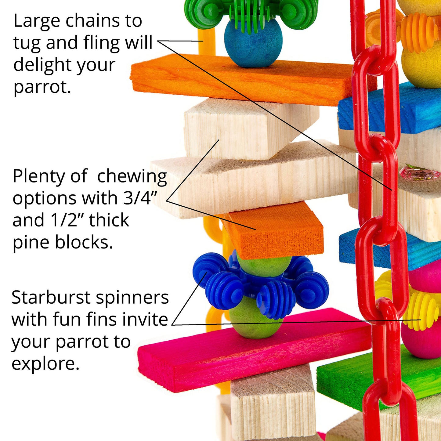 Colorful parrot toy with wooden blocks, large plastic chains, and starburst spinners on a white background.