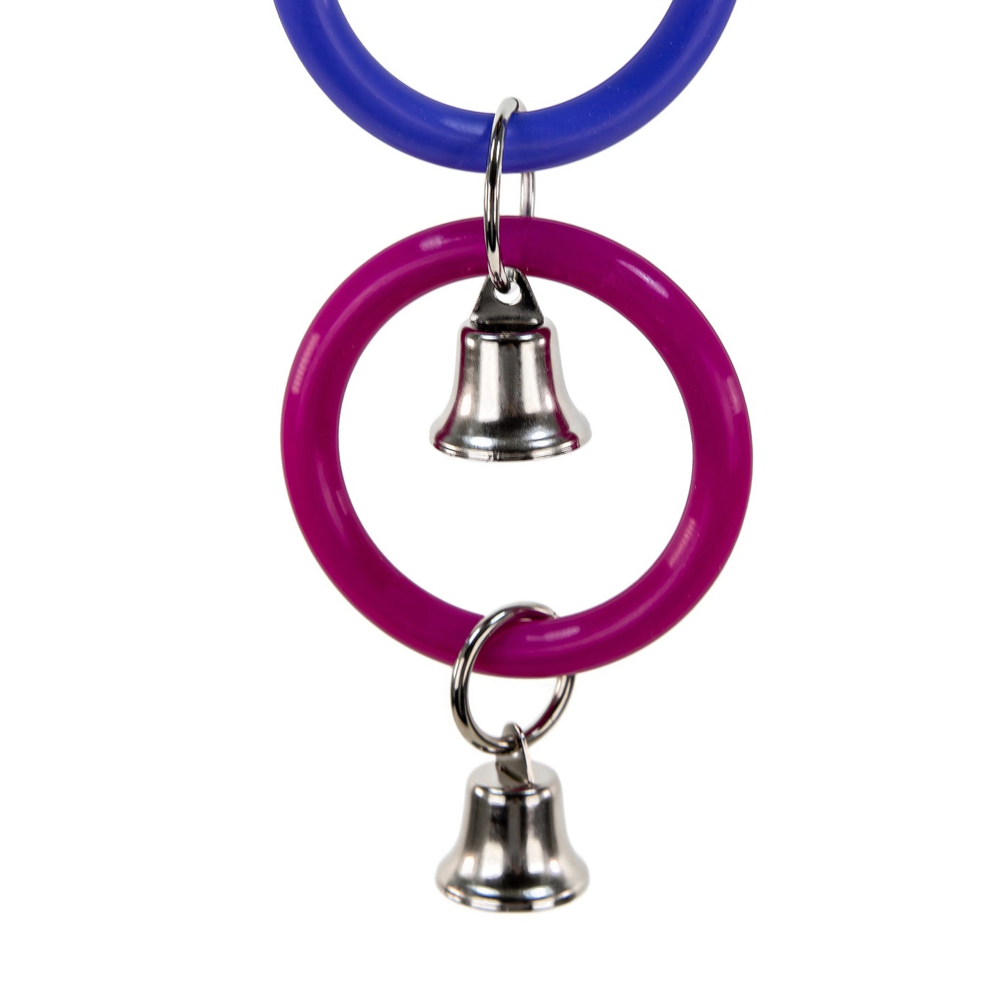 Close up of the bottom two rings of the toy along with hanging bells.