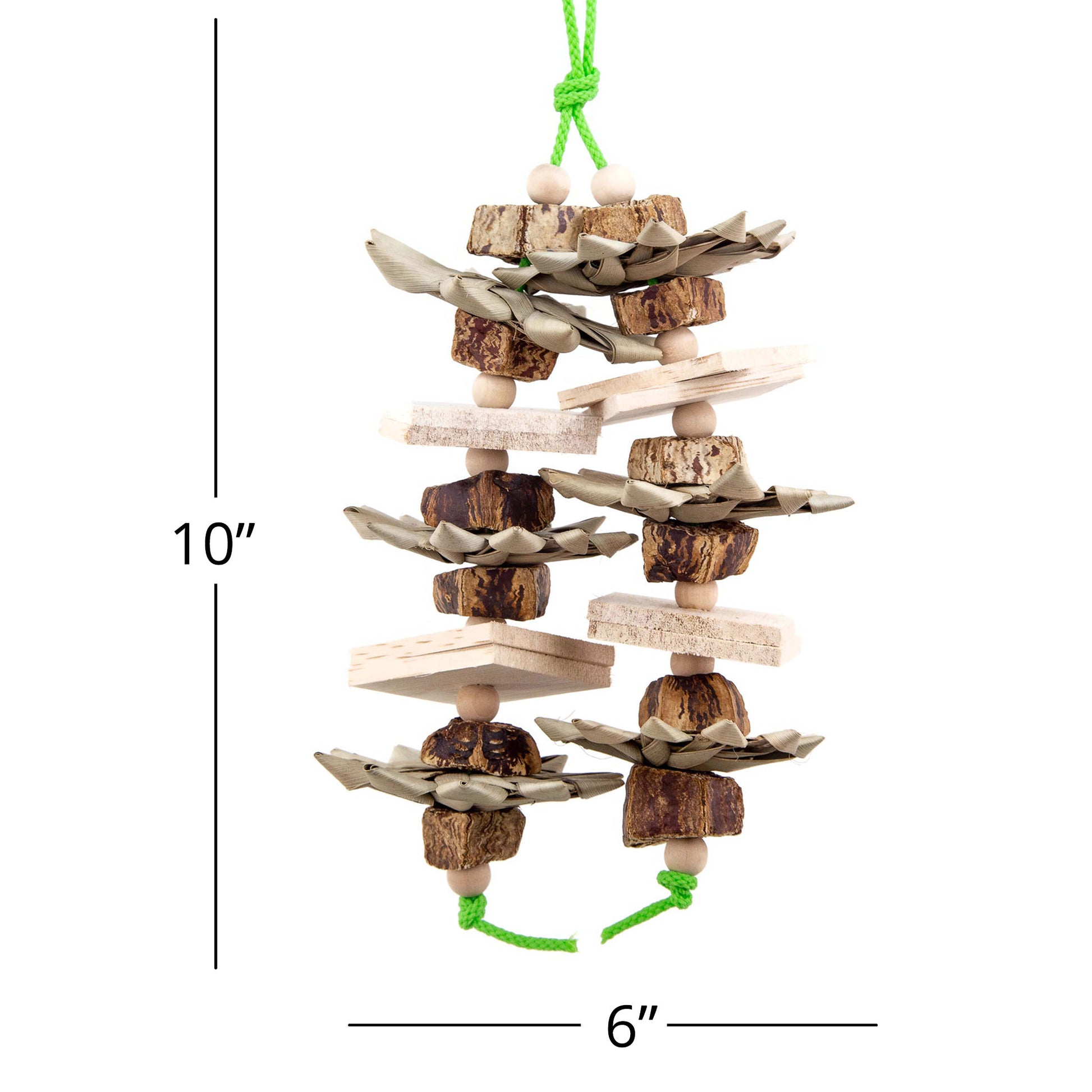 This bird toy measures 10" long and 6 inches wide.