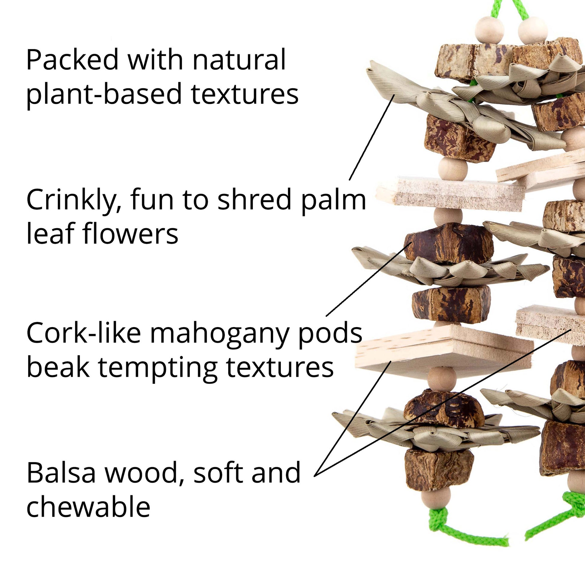Toy for small birds made from Balsa wood, mahogany pods and palm leaf.