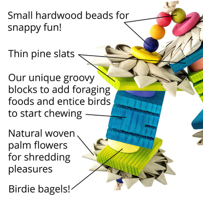 Bird toy with labeled components on a white background