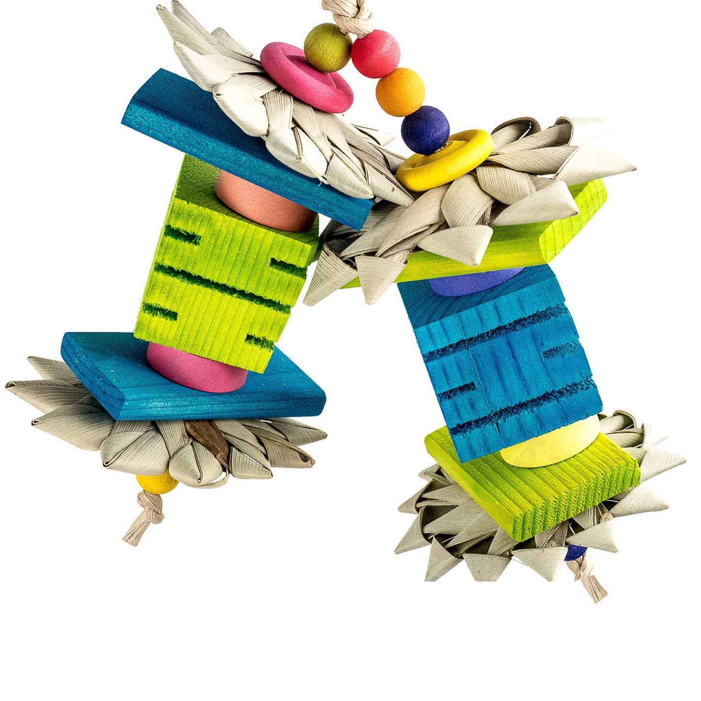 Colorful bird toy with various wood, birdie bagels and palm leaf flowers.