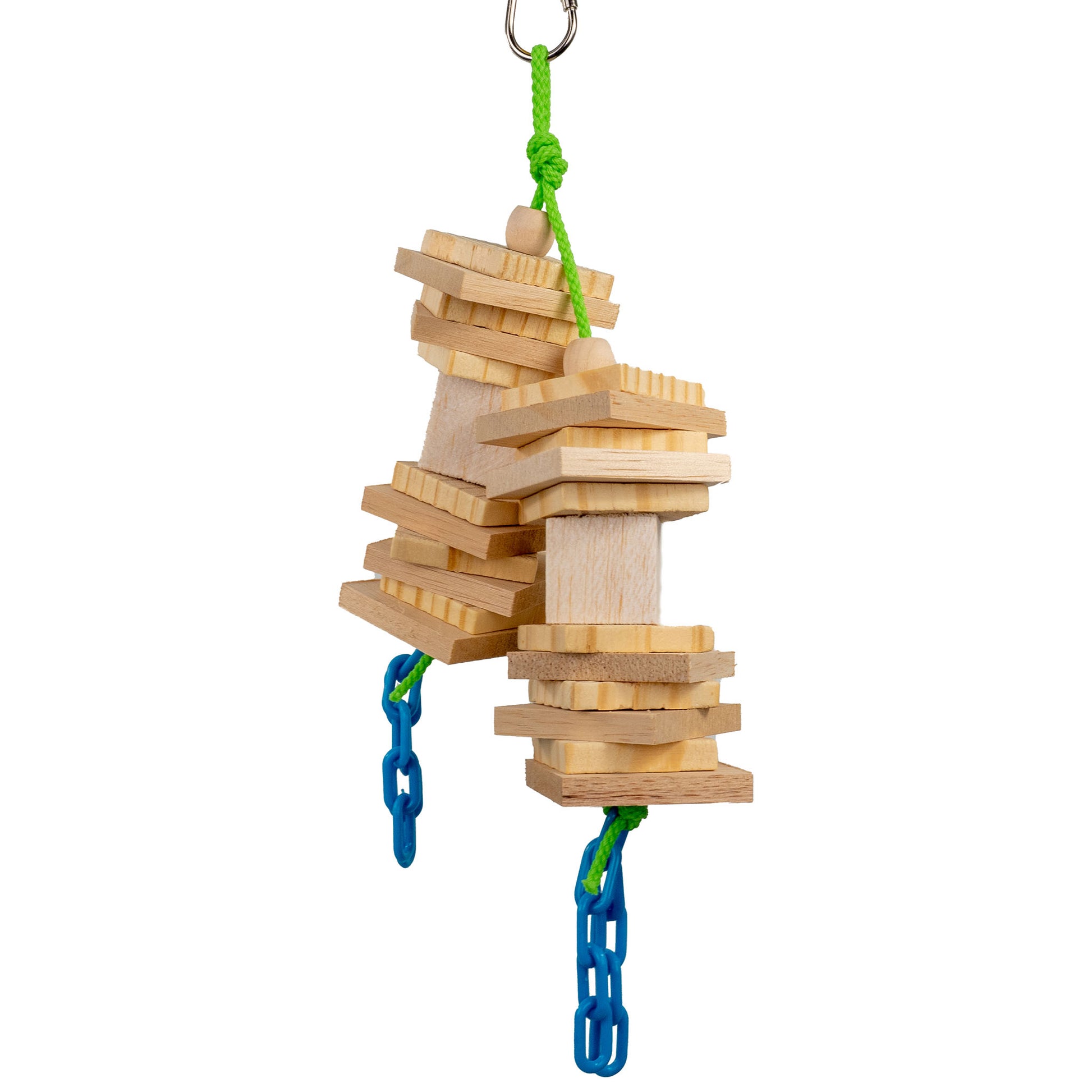 Waffles bird toy features natural pine and balsa wood with beads and dangling plastic chains.