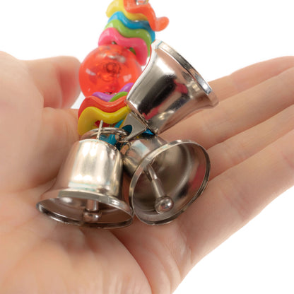 This bird toy features three bells.