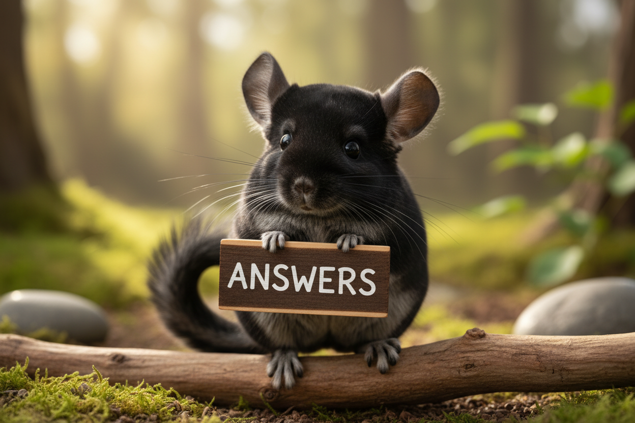 Black chinchilla holding Answers sign