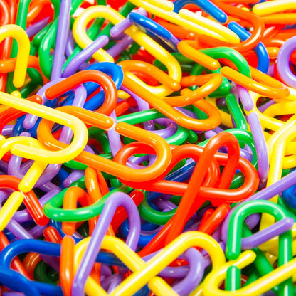 Colorful plastic links in yellow, blue, purple, green, red and orange.