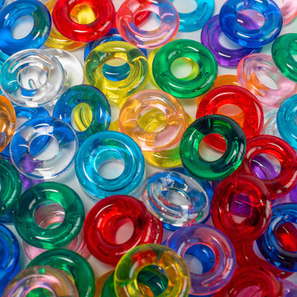 100 Pack of 5/8" (16 mm) Transparent Donut Beads - Bird Toy Part, Assorted Colors