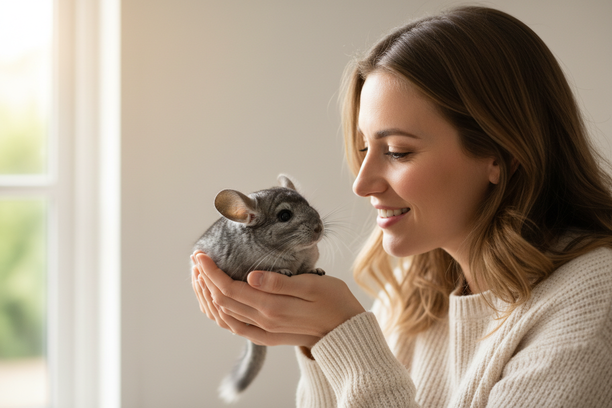 Woman with pet chinchilla